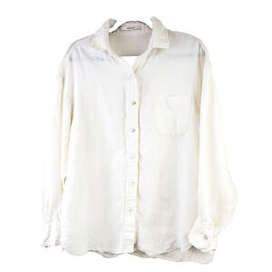 French Chic Womens Large 100%‎ Linen Top Button Down Long Sleeve Cream Ivory